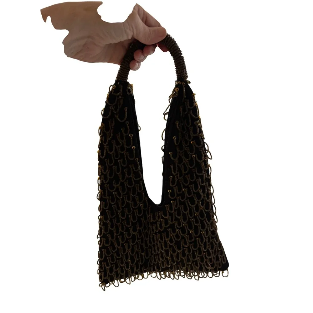 Vintage inspired Beaded Sequin Evening Bag Black Bronze Gold Hobo Handbag